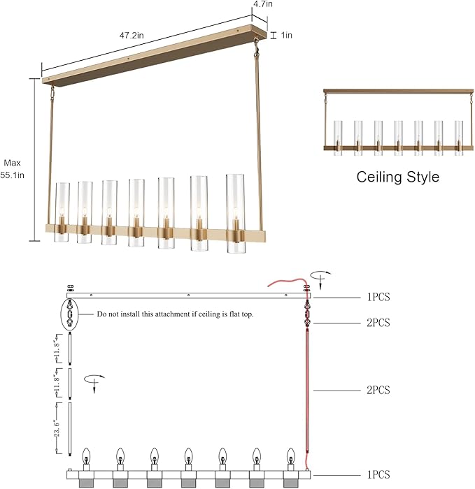 Brass Kitchen Island Lighting- 7-Light Linear Chandelier, Adjustable 47'' Modern Farmhouse Rectangle Pendant Light Fixtures, Dining Room, Bedroom