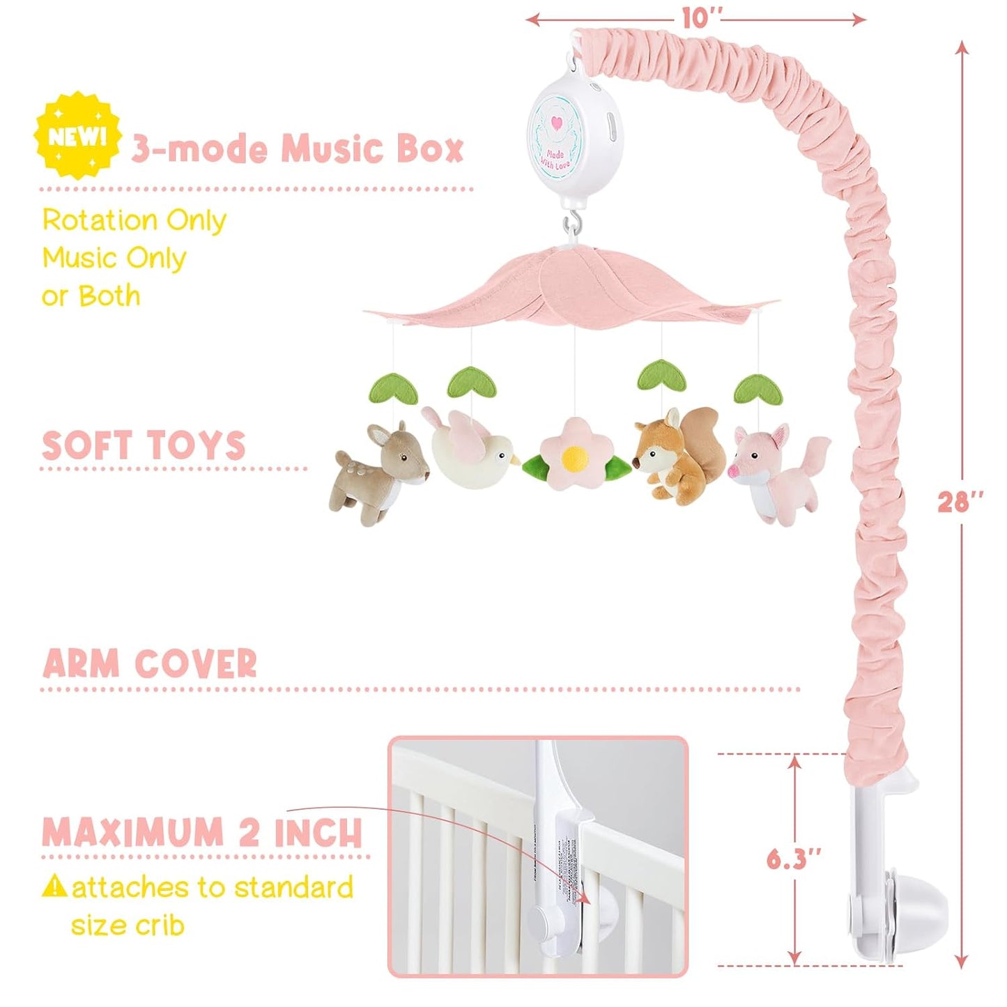 Woodland Crib Mobile for Girls – Cute Animals Baby Mobile for Crib with Upgraded 3-Mode Music Box, Pink Nursery Mobiles, Fits Standard Cribs, Forest Nursery Decor