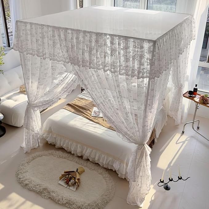 Elegant Princess 4 Corner Post Mosquito Net Romantic for Girls Women Bed Curtain Canopy for Adult Wedding Bedroom Kids Rooms Decoration (Type2-Beige-White, California King)