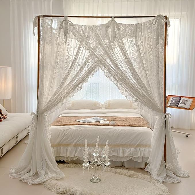 Elegant Princess 4 Corner Post Mosquito Net Romantic for Girls Women Bed Curtain Canopy for Adult Wedding Bedroom Kids Rooms Decoration (Type2-White-Flower, Queen)