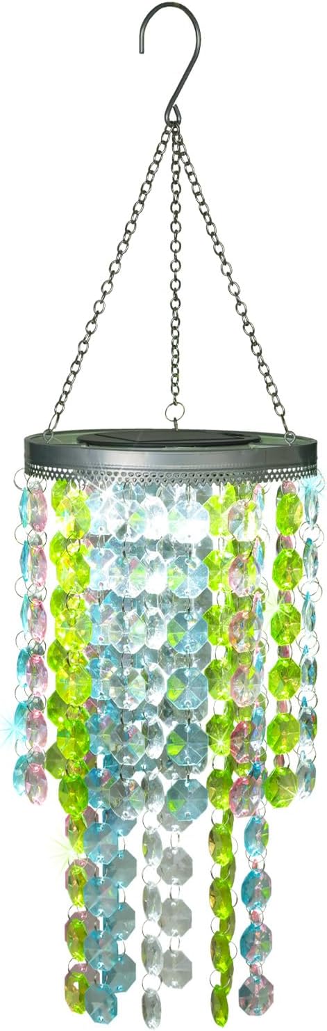 Hanging Solar Lantern Outdoor, 2 Tiers 21” Solar Multicolor Acrylic Beaded Chandelier with Cool White LED S Hooks for Garden Yard Patio Gazebo Outside Decor