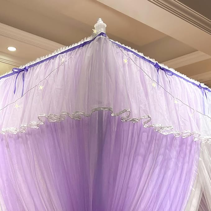 Mengersi Canopy Bed Curtains with Lights,4 Corner Bed Canopy Royal Luxurious Bed Drapes Netting,Princess Bed Curtains for Girls Adults Bedroom Decoration (Purple, Full)
