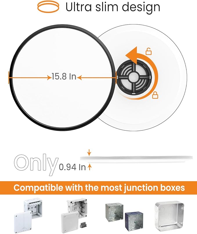 slochi 15.8 Inch Flush Mount LED Ceiling Light Black, 36W Ultra Thin LED Ceiling Light, 3000K/4000K/6500K 3 Color Temperature Low Profile Ceiling Light Fixtures for Kitchen Living Room Bedroom