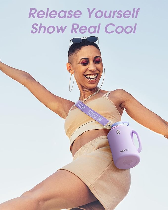 Half Gallon Water Bottle with Straw, Coolflask 64 oz Insulated Stainless Steel Water Jug With Handle Metal Double-Walled Vacuum Large Flask With Strap Leakproof, Keep Cold 48 Hrs Hot 24hrs, Lavender