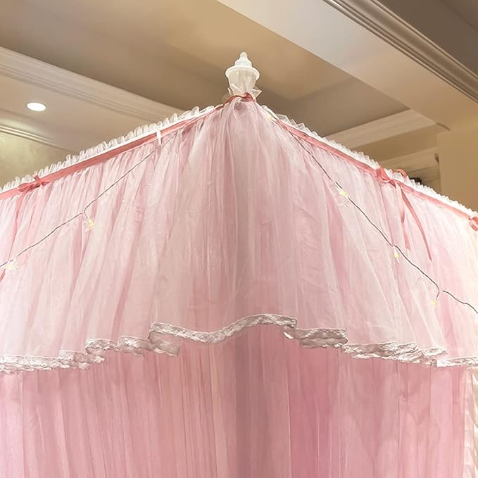 Mengersi Canopy Bed Curtains with Lights,4 Corner Bed Canopy Royal Luxurious Bed Drapes Netting,Princess Bed Curtains for Girls Adults Bedroom Decoration (Pink, California King)