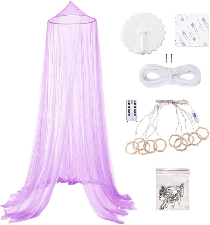 Eimilaly Bed Canopy Mosquito Net with 250pcs Warm White Curtain Lights, Bed Canopy for Girls Room Decor or Theme Party, Purple/Warm White Lights