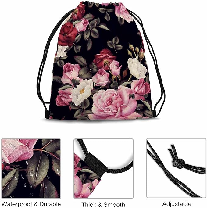 Gym Backpack Floral Pattern Red Pink White Rose Peony Flower Leaf Romantic Drawstring Backpack for Dance Gym Sports Soccer Basketball Running 14x16.9 Inch