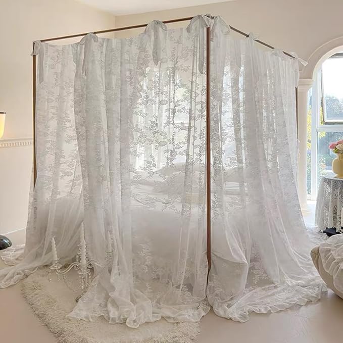 Elegant Lace Princess 4 Corner Post Mosquito Net Romantic for Girls Women Bed Curtain Canopy for Adult Wedding Bedroom Kids Rooms Decoration (Type3-Beige-White, California King)