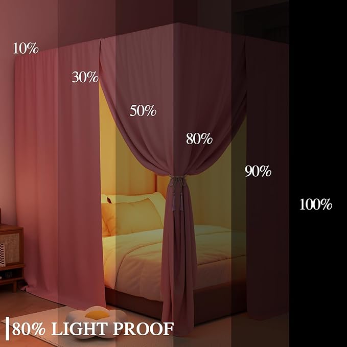 Pink Canopy Bed Curtains - 4 Corner Post Bed Curtains Twin Lightproof Drapes Bed Canopy Curtains with Tie Backs for Adults & Girls Bedroom Decoration(Pink,Twin)