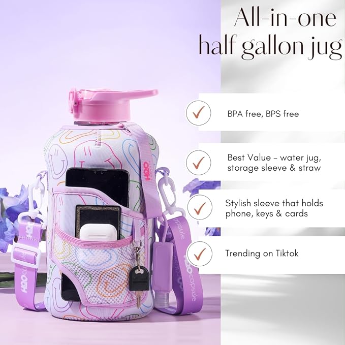 H2O Capsule 2.2L Half Gallon Water Bottle with Storage Sleeve and Removable Straw – BPA Free Large Reusable Drink Container with Handle - Big Sports Jug, 2.2 Liter (74 Ounce), Purple Smiley