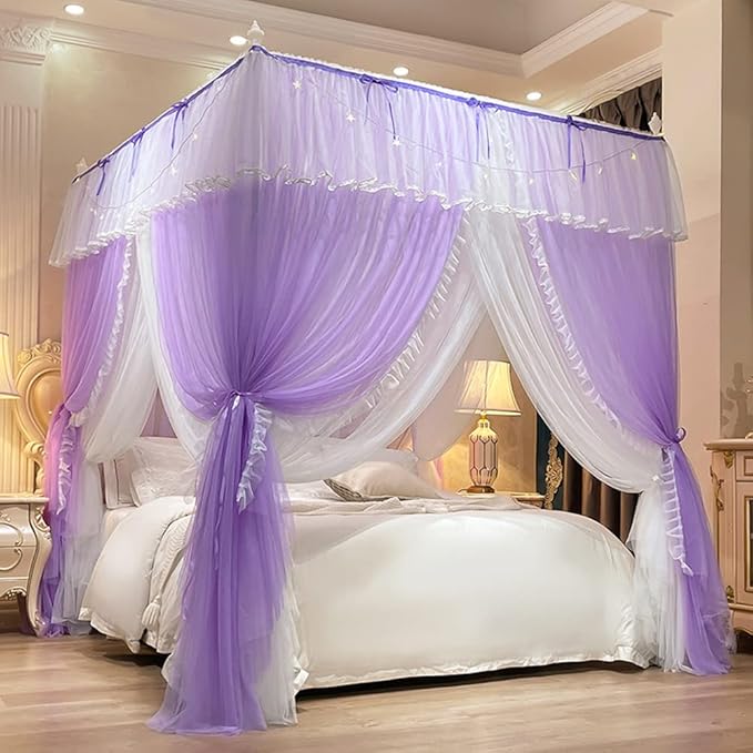 Mengersi Canopy Bed Curtains with Lights,4 Corner Bed Canopy Royal Luxurious Bed Drapes Netting,Princess Bed Curtains for Girls Adults Bedroom Decoration (Purple, Queen)