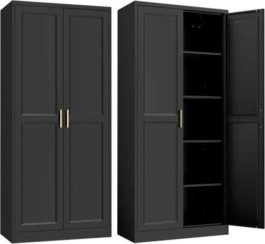 Kitchen Pantry Cabinet,71”Black Metal Pantry Storage Cabinet with Doors and 4 Adjustable Shelves,Kitchen Cabinet with 2 Gold Handles,Tall Cabinet for Livingroom,Pantry, Bathroom