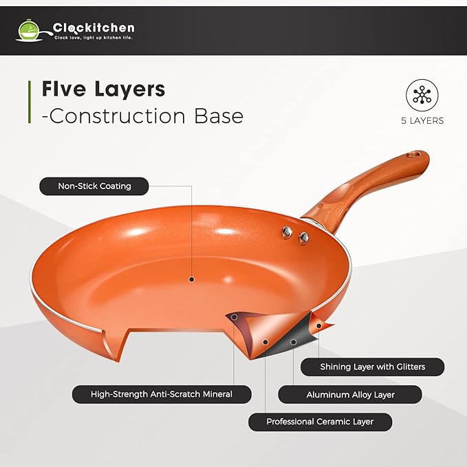 Clockitchen Non Stick Pots and Pan Set, 10pcs Cookware Set with Ceramic Coating, Non-toxic Pan Set Compatible with All Stoves, Dishwasher Safe, Copper