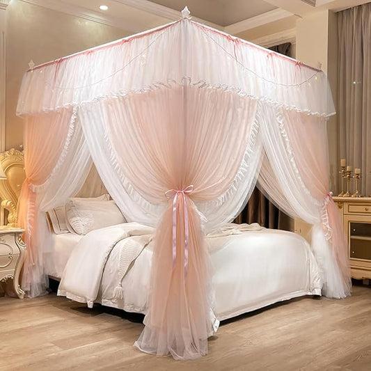 Mengersi Canopy Bed Curtains with Lights,4 Corner Bed Canopy Royal Luxurious Bed Drapes Netting,Princess Bed Curtains for Girls Adults Bedroom Decoration (Peach, Twin)