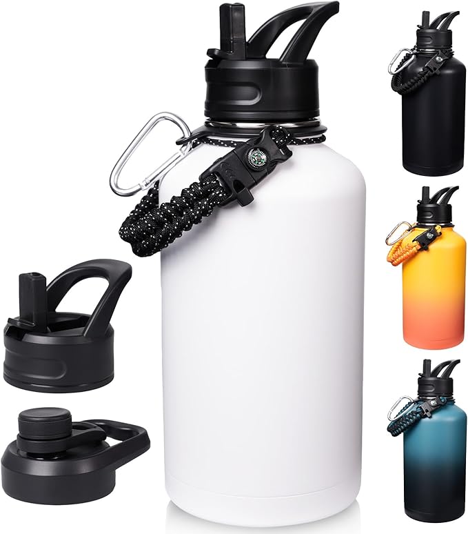 Half Gallon Water Bottle with Straw&Spout Lid, 64oz Stainless Steel Insulated Water Jug with Handle and Wide Mouth, Half Gallon Vacuum Double Walled Jug for Sports, Outdoors, Leak-Proof. White 64oz