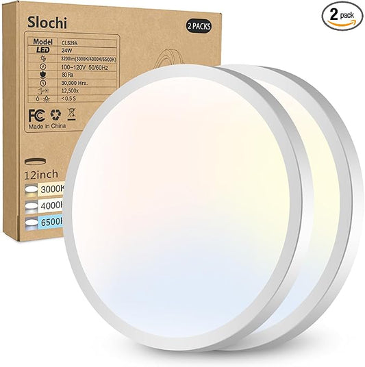 2PACK LED Flush Mount Ceiling Light Fixture, 3000K-4000K-6500K & 150W Equivalent Modern Kitchen Recessed Ceiling Lamp 24W 3200Lm 12Inch Closet Round Surface for Bathroom Laundry Bedroom Hallway