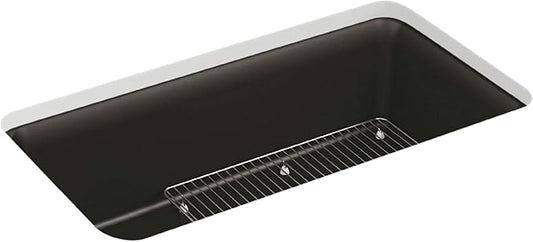 KOHLER K-8206-CM1 Cairn 33-1/2" Undermount Single-Bowl Kitchen Sink, Neoroc Composite Kitchen Sink with Sink Rack, Matte Black