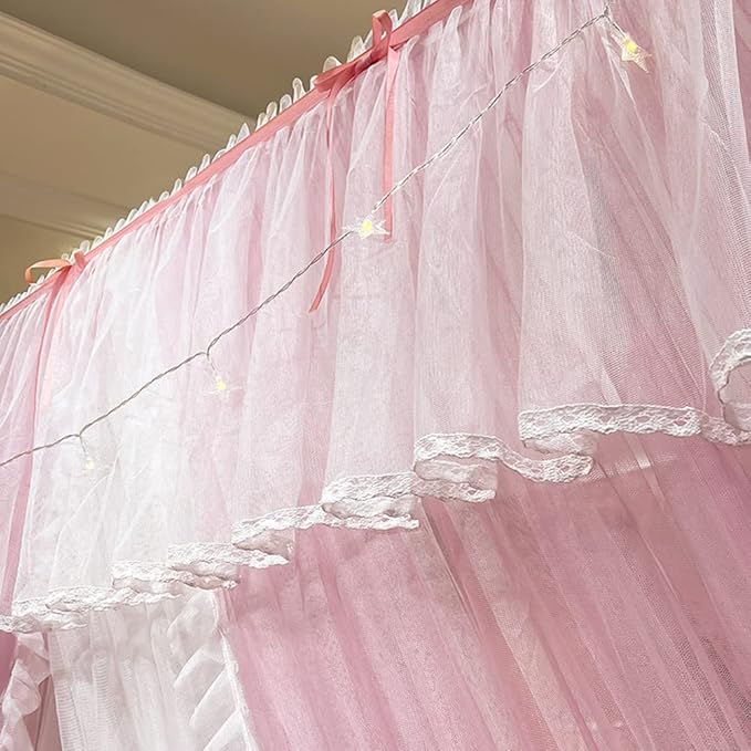 Mengersi Canopy Bed Curtains with Lights,4 Corner Bed Canopy Royal Luxurious Bed Drapes Netting,Princess Bed Curtains for Girls Adults Bedroom Decoration (Pink, Twin)