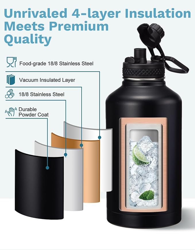 Half Gallon Water Bottle with Straw - Pop Up Lid, Carrying Pouch, Paracord Handle, Silicone Boot, 64 oz Water Bottle Triple Wall Thermal Mug Gallon Water Jug for Work School Home Sports Gym