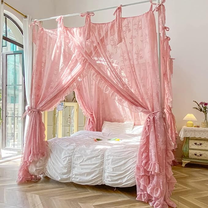 Mengersi Canopy Bed Curtains with Tie Backs,Princess Bed Canopy Curtains Bed Drapes Sheer Curtains for Bedroom Decor（Queen,Pink