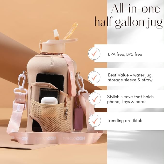 H2O Capsule 2.2L Half Gallon Water Bottle with Storage Sleeve and Removable Straw – BPA Free Large Reusable Drink Container with Handle - Big Sports Jug, 2.2 Liter (74 Ounce), Sandy Beige