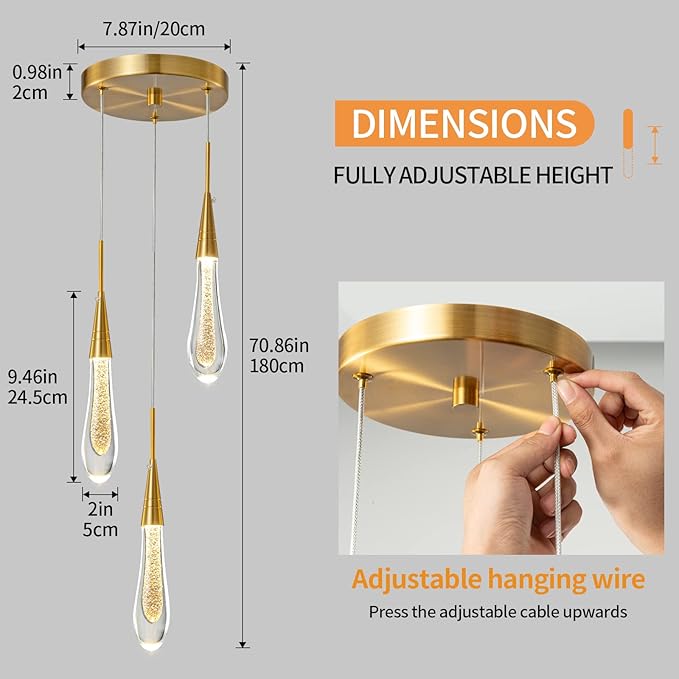 LMQNINE Kitchen Light Fixtures Ceiling Dimmable LED Modern Gold Pendant Light Mini Teardrop Crystal Pendant Light for Kitchen Island Bedroom Hallway Entryway (3-Light)