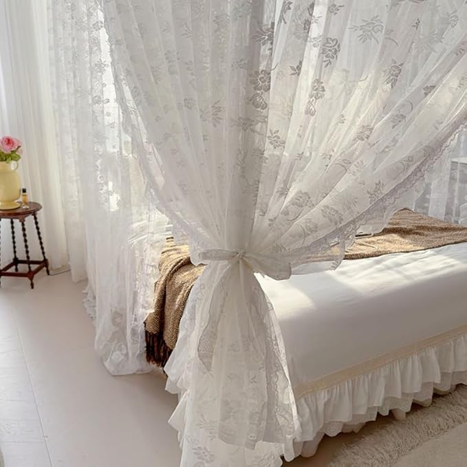 Elegant Princess 4 Corner Post Mosquito Net Romantic for Girls Women Bed Curtain Canopy for Adult Wedding Bedroom Kids Rooms Decoration (Type2-Beige-White, California King)
