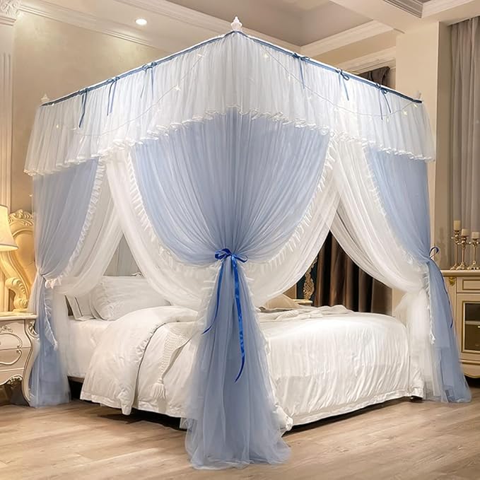 Mengersi Canopy Bed Curtains with Lights,4 Corner Bed Canopy Royal Luxurious Bed Drapes Netting,Princess Bed Curtains for Girls Adults Bedroom Decoration (Gray Blue, Queen)