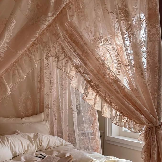 Elegant Lace Princess 4 Corner Post Mosquito Net Romantic for Girls Women Bed Curtain Canopy for Adult Wedding Bedroom Kids Rooms Decoration (Color-B, King)