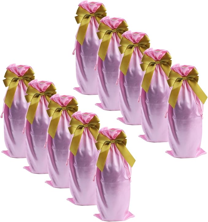 HEVSTIL 10Pcs Satin Wine Bags Wine Gift Bags with Decorative Bows,Wine Bottle Bags Reusable Wine Bottle Covers for Christmas, Wedding, Birthday, Travel, Holiday Party,Housewarming Gifts,Pink