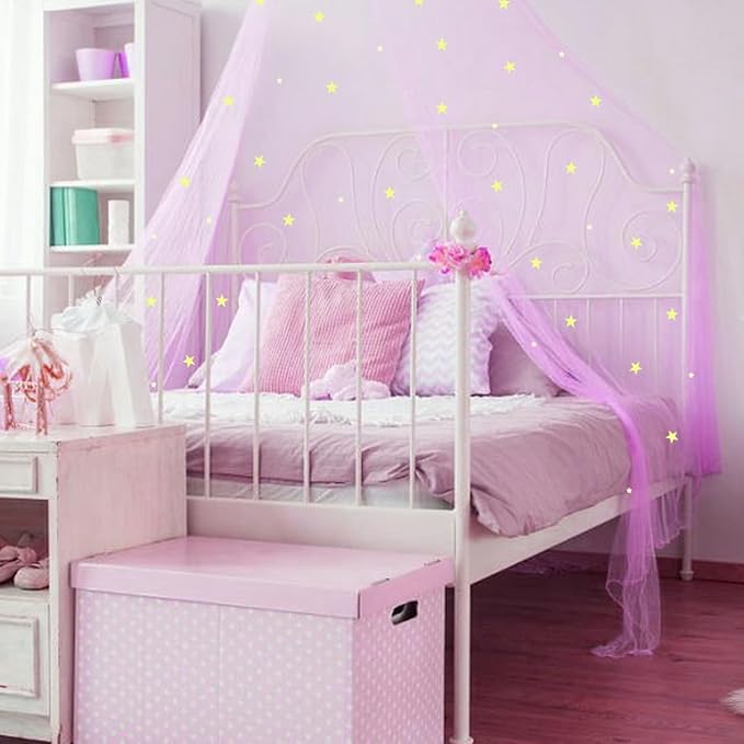 Bed Canopy for Girls, Glowing Stars Bed Curtain Draperies Romantic Mosquito Net for Baby, Kids, Adult (Purple)