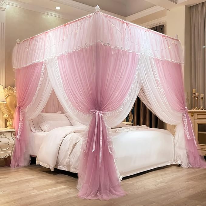 Mengersi Canopy Bed Curtains with Lights,4 Corner Bed Canopy Royal Luxurious Bed Drapes Netting,Princess Bed Curtains for Girls Adults Bedroom Decoration (Pink, King)