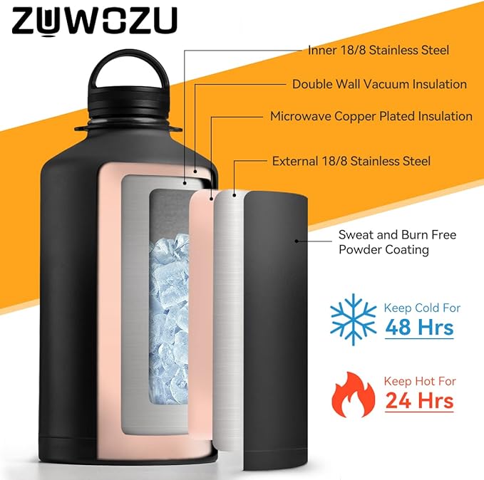 Half Gallon Water Bottle Insulated, 64oz Stainless Steel Water Bottle with Straw, Spout & Handle Lid, Half Gallon Water Jug with Carrier Bag w/Strap, Perfect for Hot&Cold Drinks (Black, 64oz)