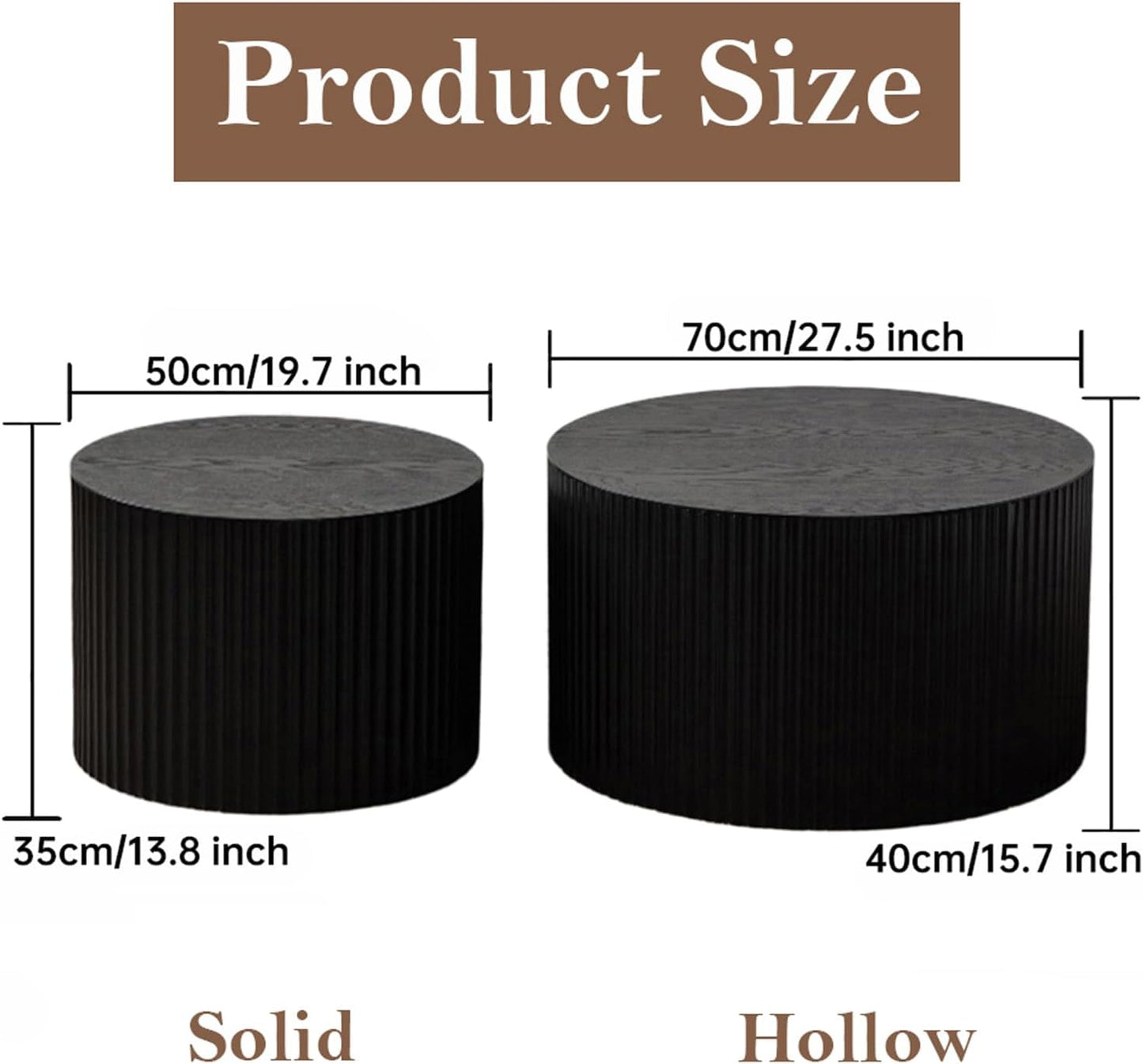 Round Nesting Coffee Table Black Round Fluted Coffee Table Set of 2 for Living Room Small Circle Drum Nested Coffee Tables (Black A 27in)