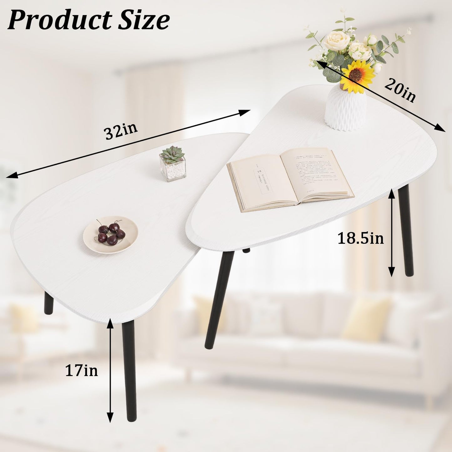 Nesting Triangle Coffee Table End Tables Set of 2 for Living Room Bedroom, Industrial Small Stacking Side Tables for Couch, White