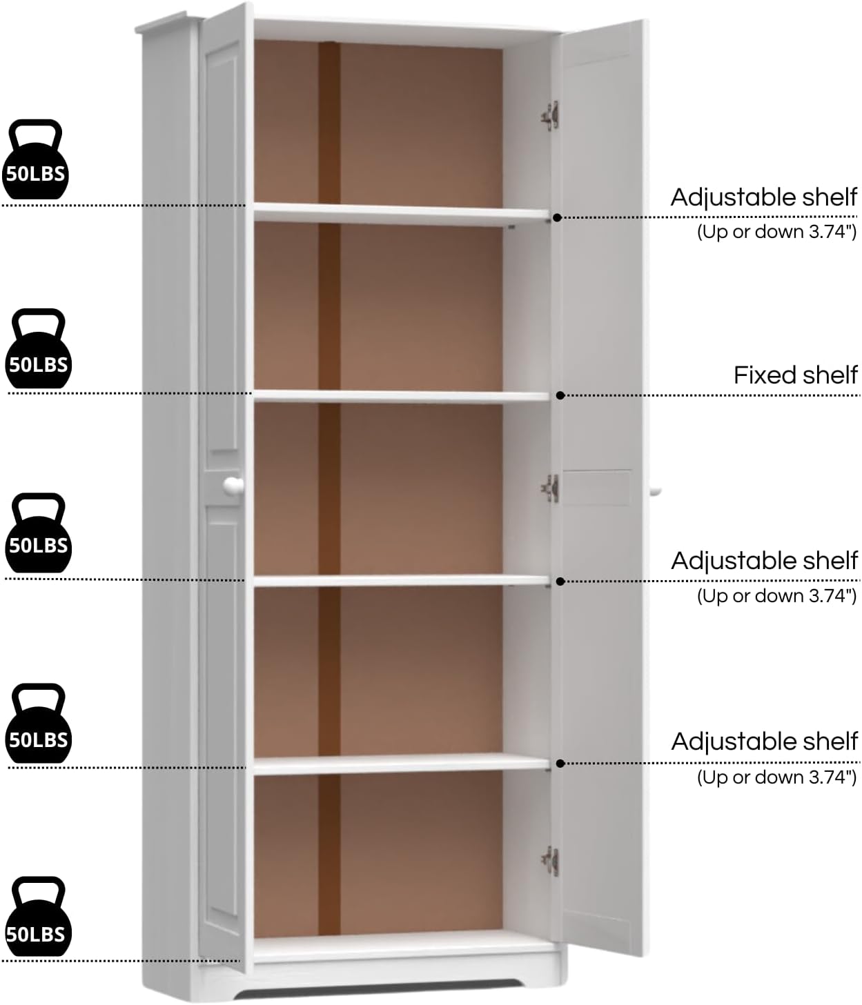 Pantry Cabinet Storage Cabinet with 2 Doors Solid Wood - Adjustable Shelves for Kitchen, Dining Room, or Utility Room Organization