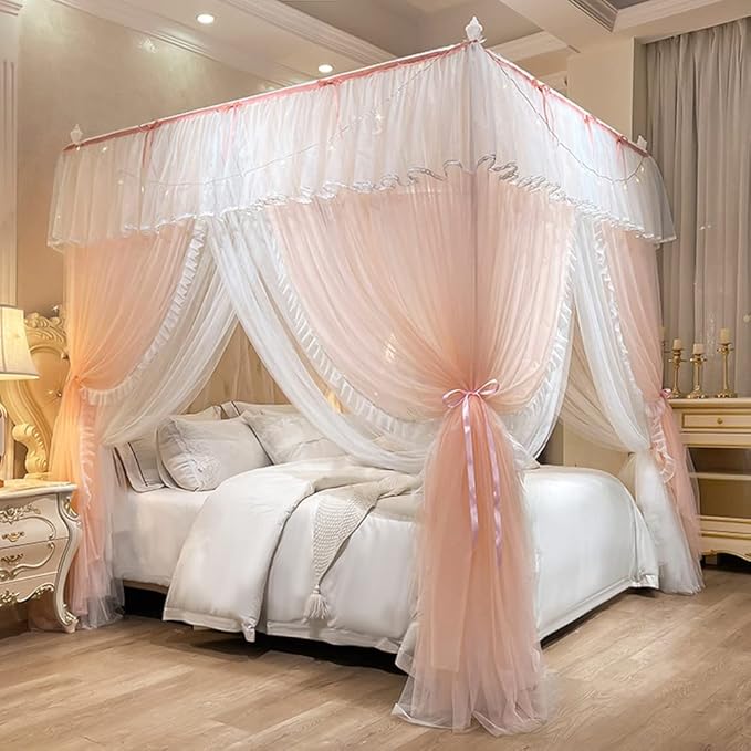 Mengersi Canopy Bed Curtains with Lights,4 Corner Bed Canopy Royal Luxurious Bed Drapes Netting,Princess Bed Curtains for Girls Adults Bedroom Decoration (Peach, Twin)