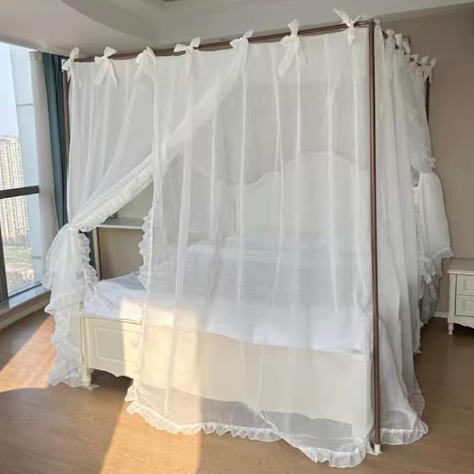 Elegant Princess 4 Corner Post Mosquito Net Romantic for Girls Women Bed Curtain Canopy for Adult Wedding Bedroom Kids Rooms Decoration (Type4-White, Full)