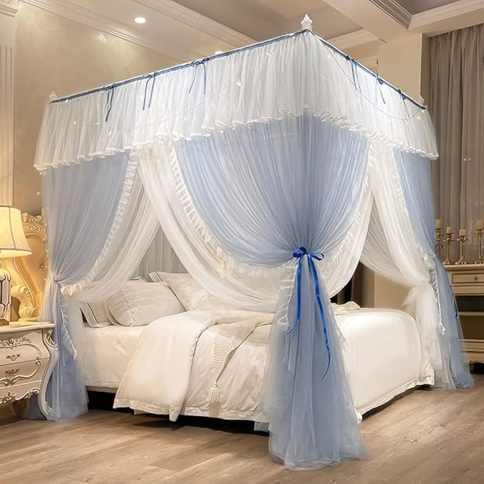 Mengersi Canopy Bed Curtains with Lights,4 Corner Bed Canopy Royal Luxurious Bed Drapes Netting,Princess Bed Curtains for Girls Adults Bedroom Decoration (Gray Blue, Full)