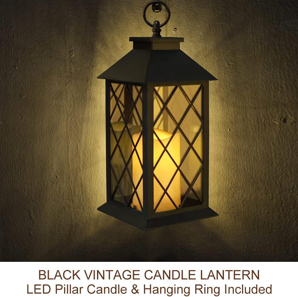 Bright Zeal 13.5" Black Vintage Candle Lantern with LED Pillar Candle and Timer - IP44 Waterproof Porch Light - Tabletop Lantern Decorative Outdoor