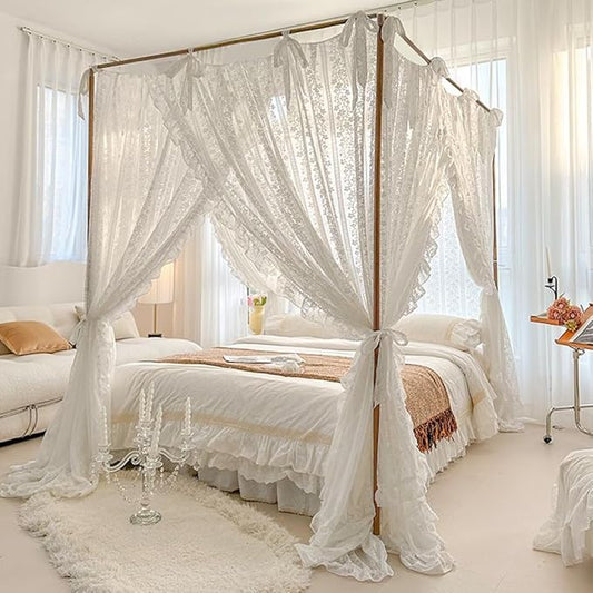 Elegant Princess 4 Corner Post Mosquito Net Romantic for Girls Women Bed Curtain Canopy for Adult Wedding Bedroom Kids Rooms Decoration (Type2-White-Flower, Queen)