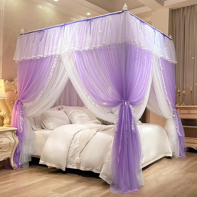 Mengersi Canopy Bed Curtains with Lights,4 Corner Bed Canopy Royal Luxurious Bed Drapes Netting,Princess Bed Curtains for Girls Adults Bedroom Decoration (Purple, California King)