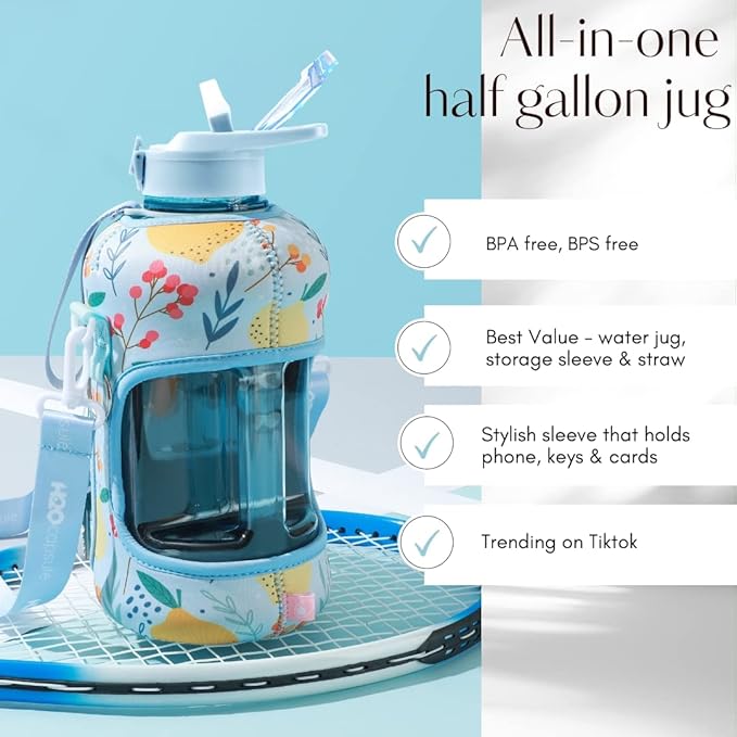 H2O Capsule 2.2L Half Gallon Water Bottle with Storage Sleeve and Removable Straw – BPA Free Large Reusable Drink Container with Handle - Big Sports Jug, 2.2 Liter (74 Ounce), Lemon Drop