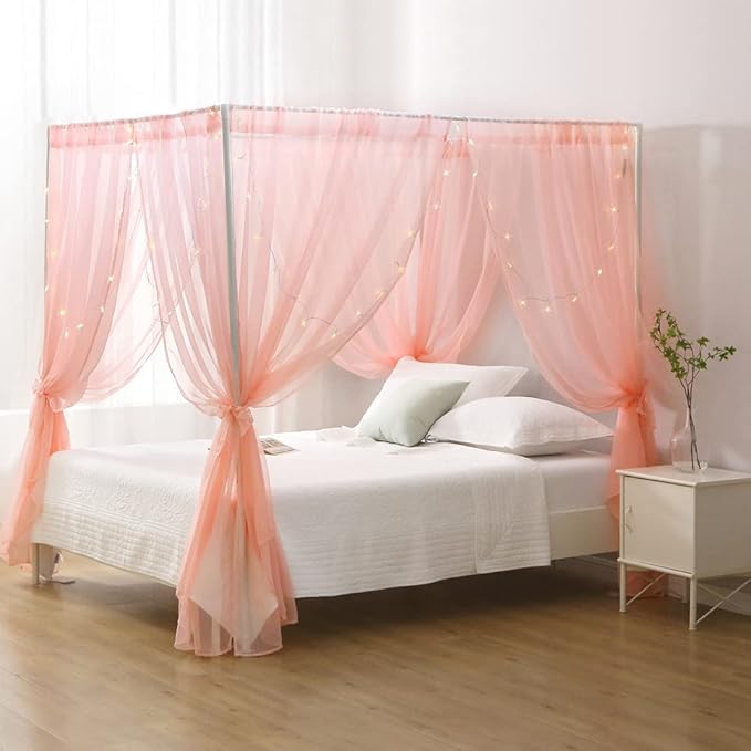 Canopy Bed Curtains Twin, Chiffon Princess Bed Canopy, Bed Drapes for Girls Room Adults(Pink)