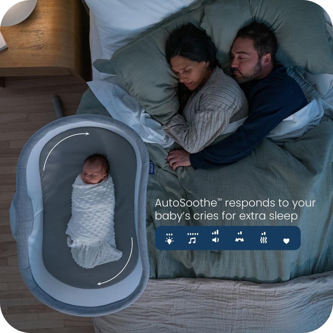 HALO BassiNest Connected Swivel Sleeper 3.0 – Smart Bassinet with AutoSoothe™, 360° Swivel, Cry Detection, Rocking, Vibration & Soothing Sounds, Easy Lowering Wall for Postpartum Recovery