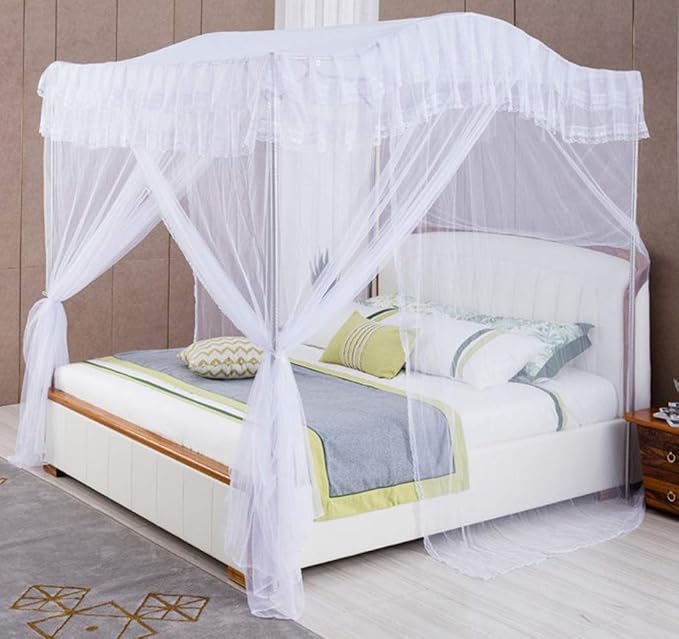 Mengersi Arched 4 Corners Post Bed Curtain Canopy Mosquito Net Square Princess Fly Screen, Indoor Outdoor (Full, White)