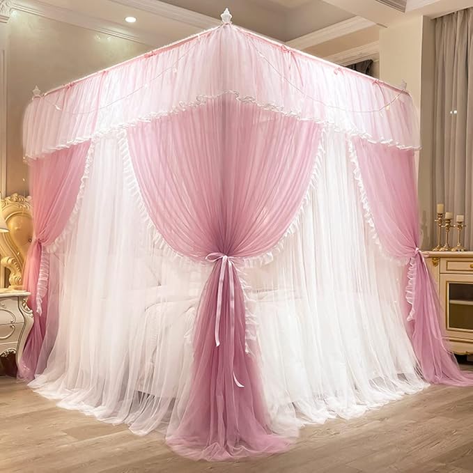Mengersi Canopy Bed Curtains with Lights,4 Corner Bed Canopy Royal Luxurious Bed Drapes Netting,Princess Bed Curtains for Girls Adults Bedroom Decoration (Pink, California King)