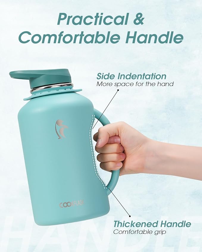 Half Gallon Water Bottle Insulated, Coolflask 64 oz Insulated Stainless Steel Water Jug Metal Double-Walled Vacuum Large Flask With Strap Straw Leakproof, Keep Cold 48 Hrs Hot 24hrs, Green