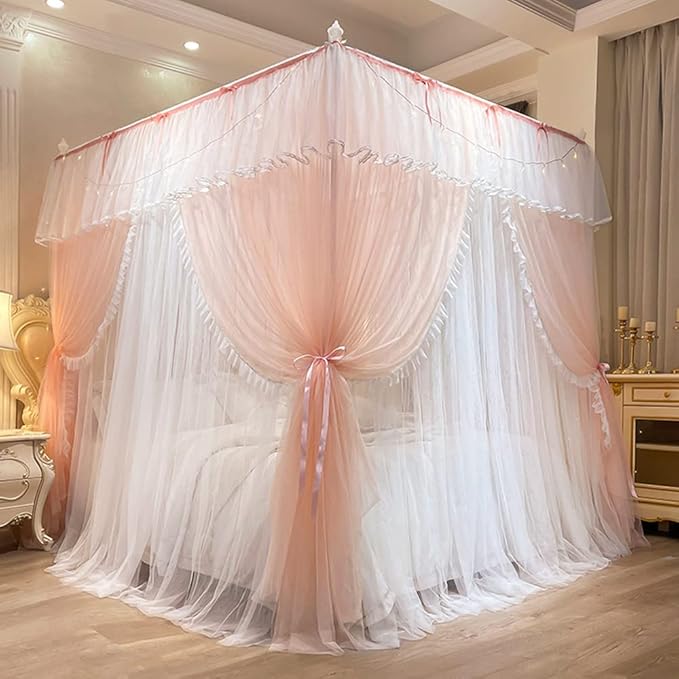 Mengersi Canopy Bed Curtains with Lights,4 Corner Bed Canopy Royal Luxurious Bed Drapes Netting,Princess Bed Curtains for Girls Adults Bedroom Decoration (Peach, Full)