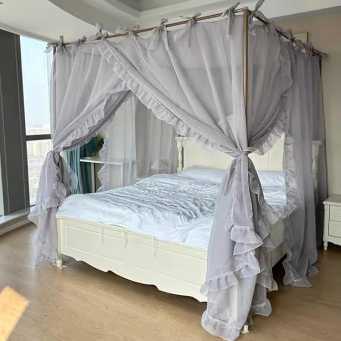 Elegant Princess 4 Corner Post Mosquito Net Romantic for Girls Women Bed Curtain Canopy for Adult Wedding Bedroom Kids Rooms Decoration (Type4-Grey, Queen)
